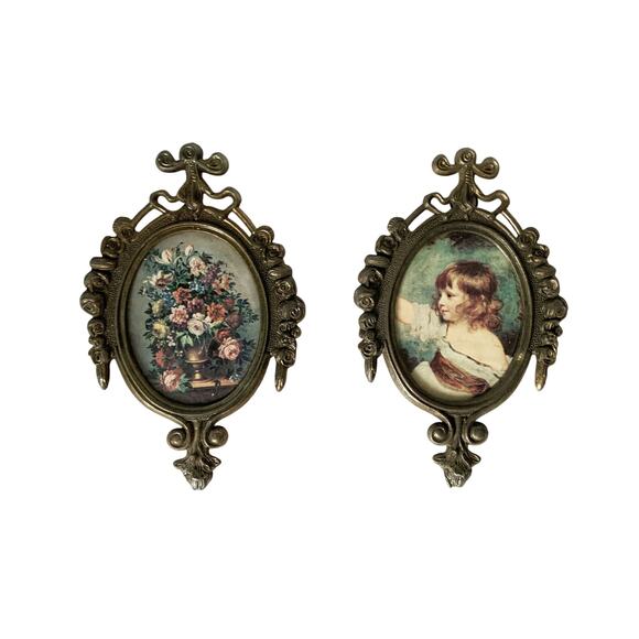 Victorian Style Brass Ornate Framed Picture Oval Frame Italian Prints Miniature - Picture 1 of 7